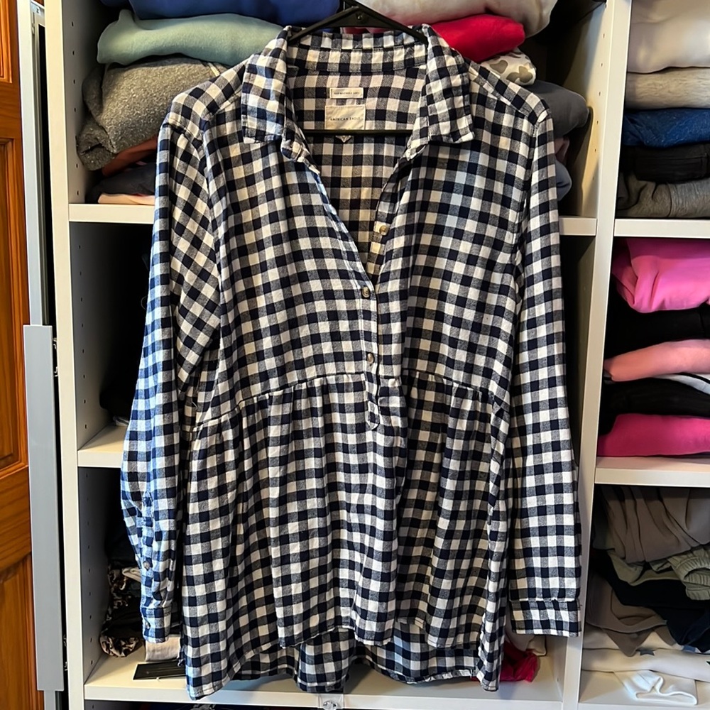 Peplum pullover flannel gingham check blue and white top